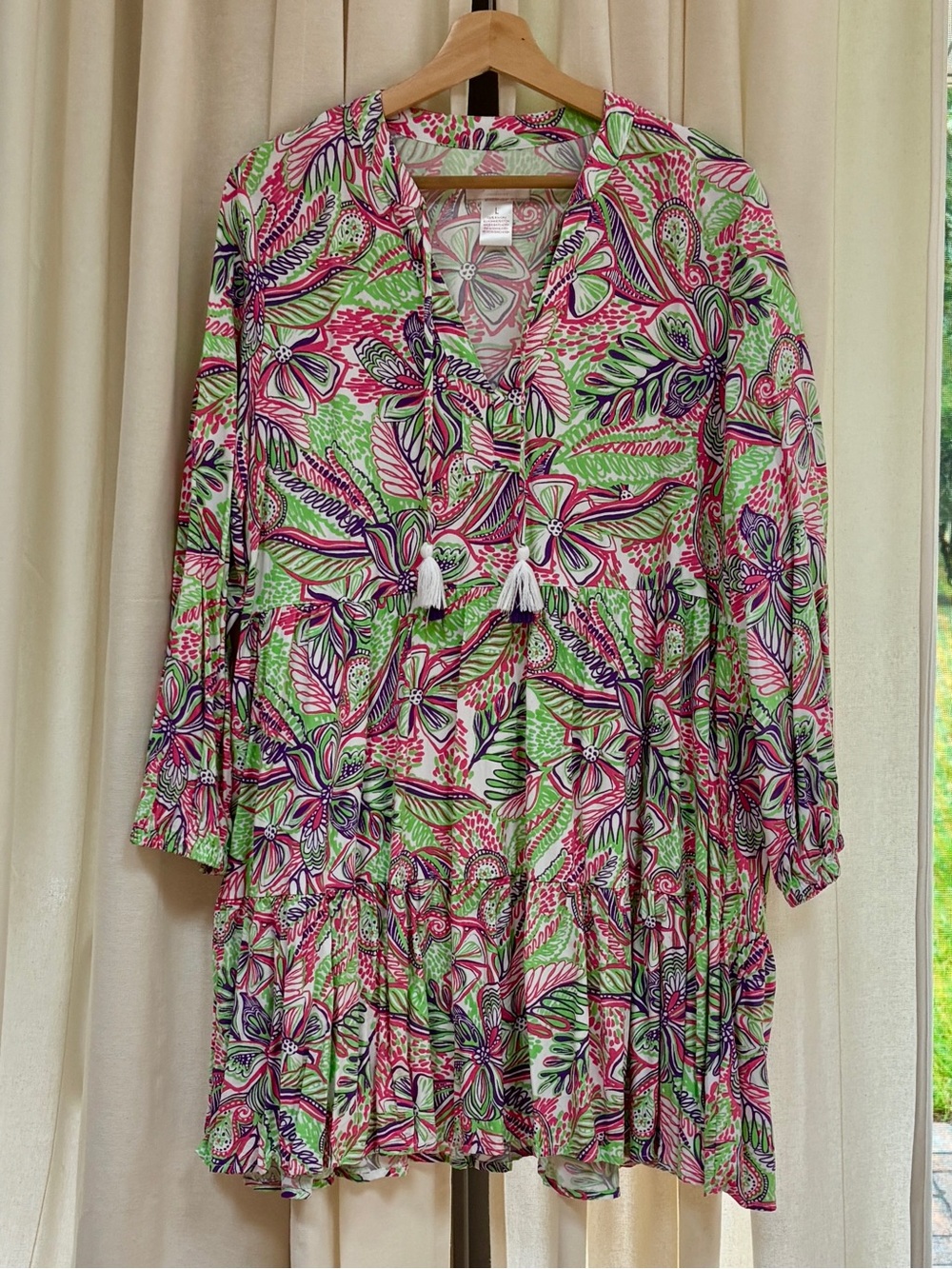 Jella Parker Tropical Floral Tassel Rayon Tunic Dress Size L